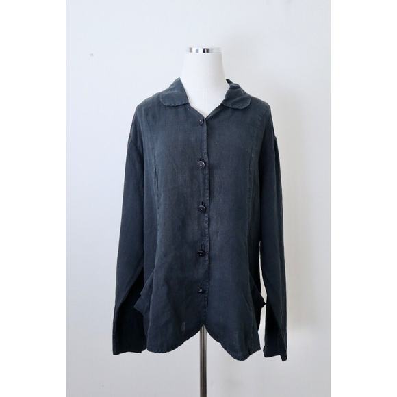 Flax Size L Woven Linen Collared Jacket Button Front High Low Hem Black - Picture 2 of 12